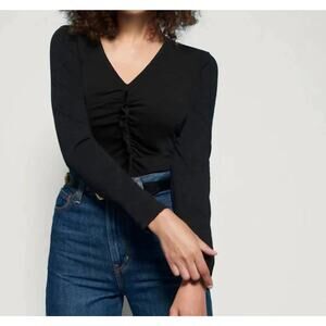 Nation Los Angeles Black V Neck Ruffle Black Fitted Shirt 100% Cotton Size XS